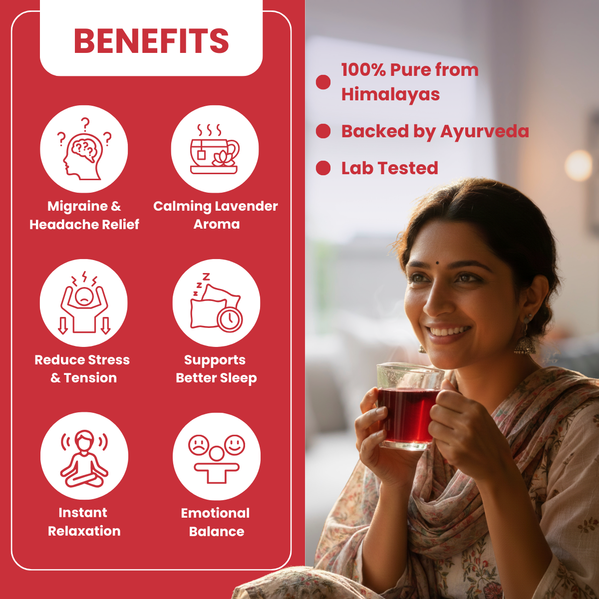 Baan herbal tea benefits for migraine relief, stress reduction, emotional balance, relaxation, and better sleep