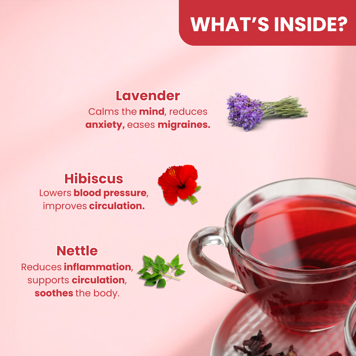 Natural ingredients in Baan herbal tea including lavender, hibiscus, and nettle for stress relief and relaxation