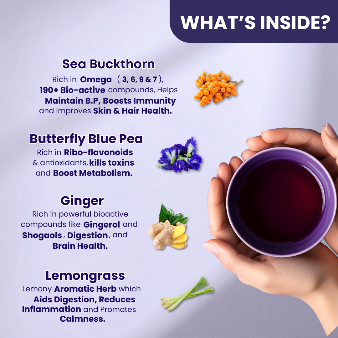 Hach Ch'i Herbal Tea made with sea buckthorn, butterfly blue pea, ginger and lemongrass