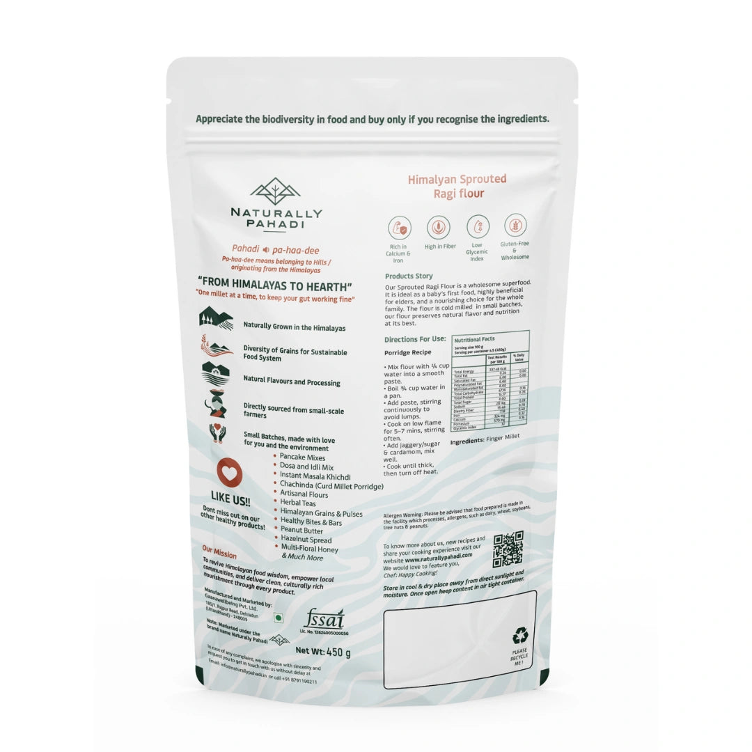 Back packaging of Himalayan Sprouted Ragi Flour (Ragi Atta) with ingredients, usage instructions and product information