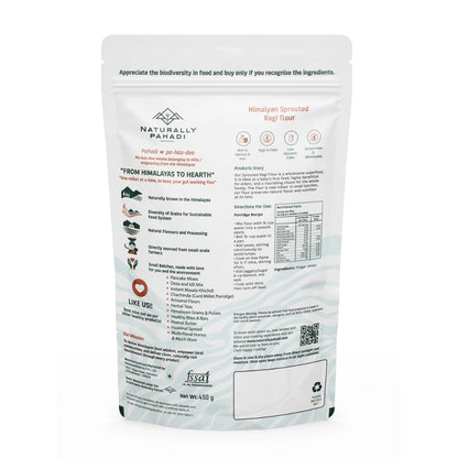 Back packaging of Himalayan Sprouted Ragi Flour (Ragi Atta) with ingredients, usage instructions and product information