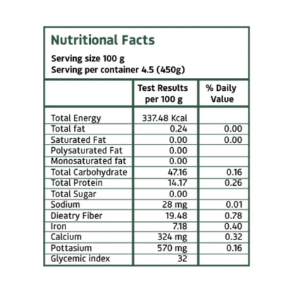 Nutrition facts of Himalayan Sprouted Ragi Flour (Ragi Atta) showing protein, dietary fiber, calcium and iron values