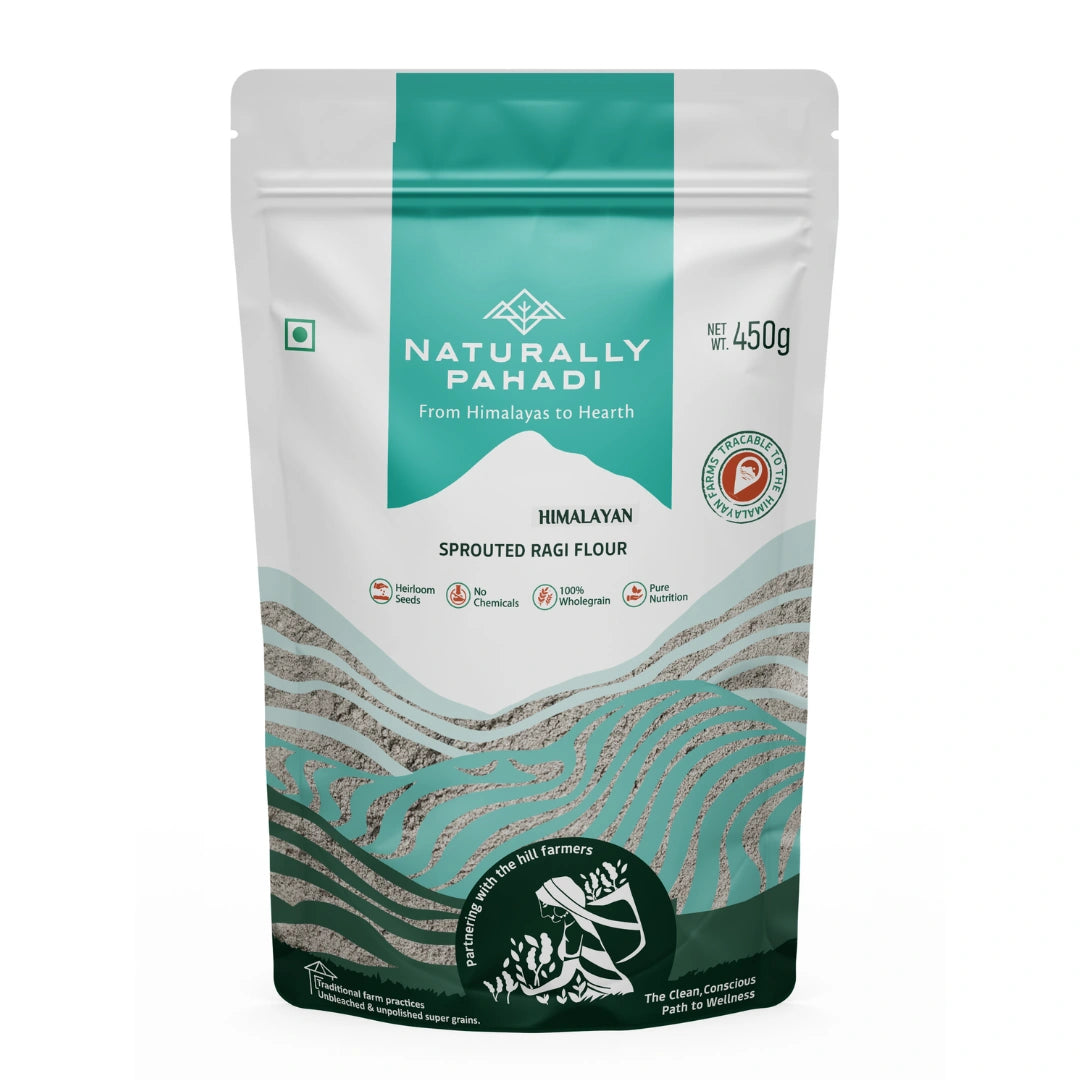 Naturally Pahadi Himalayan Sprouted Ragi Flour (Ragi Atta) 400g front product packaging