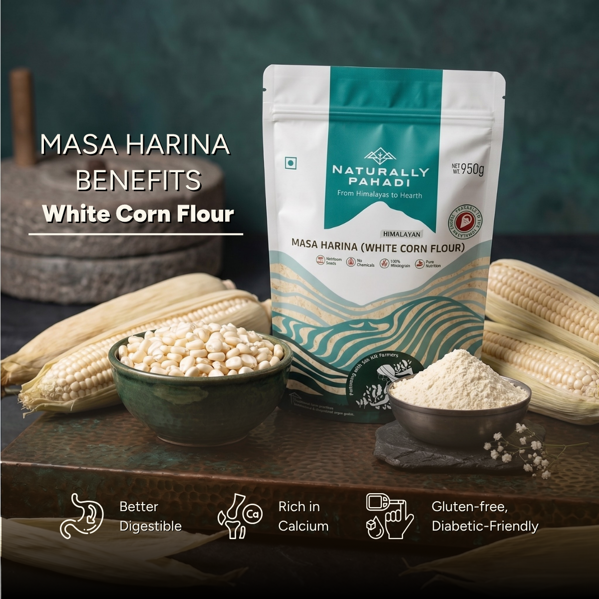 Masa Harina white corn flour rich in calcium, fiber and essential nutrients
