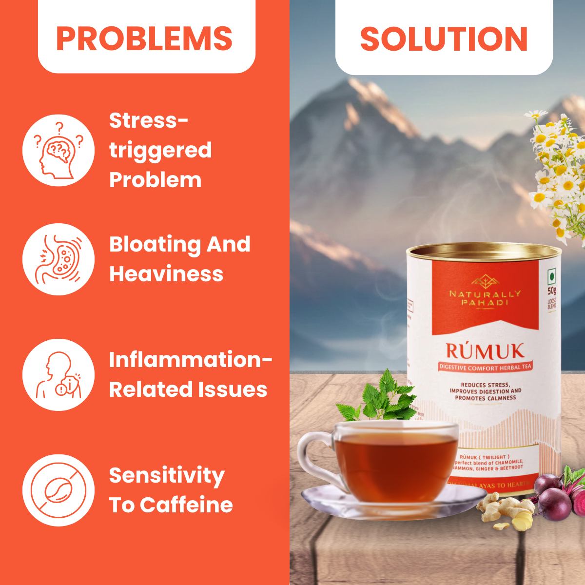 Rumuk detox herbal tea for bloating relief, digestion support, inflammation reduction, and caffeine-free gut wellness